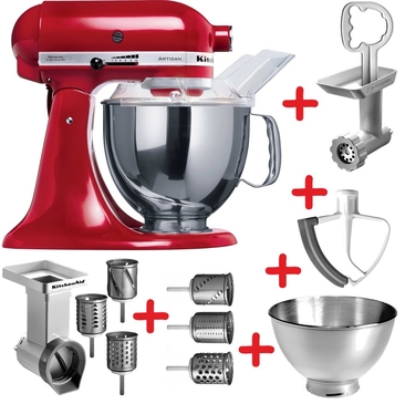 Set-Angebot Nr. 1 Artisan farbig + Gemüseschneider mit 3 Trommeln + Zusatztrommelset + Fleischwolf + 3,0 l Edelstahlschüssel + Flexirührer